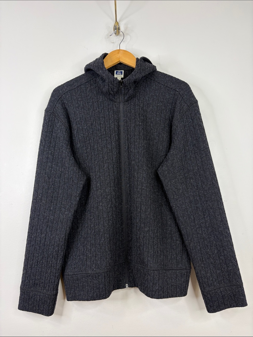 Tilley Sweater Mens Large Dark Gray Cable Knit Zip Up Hoodie Made in Canada